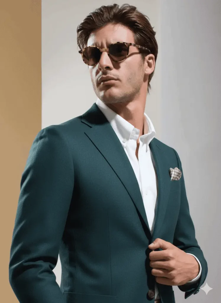 Elegant men's tailored suit with sunglasses for a sophisticated look.
